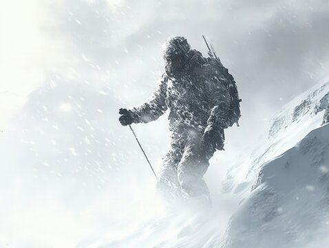 A climber navigates a snowy mountain landscape, facing harsh weather conditions, highlighting the challenges of high-altitude ascents.