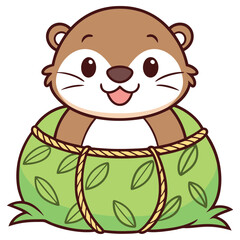 Cute Otter Cartoon Character In A Green Sack With Leafs Smiling Face on White