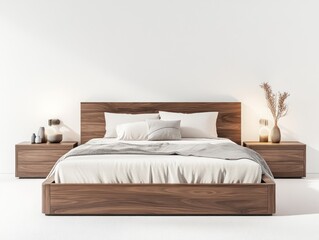 Minimalist bedroom with wooden bed, nightstands, and neutral bedding.