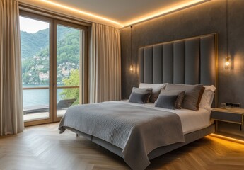 Luxurious bedroom with lake view, herringbone floors, and modern design.