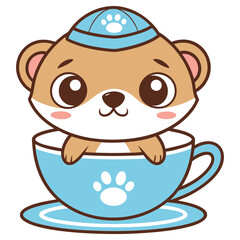 Cute Kawaii Bear Cub Cartoon Character in Blue Tea Cup with Paw Hat Design