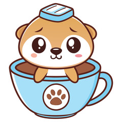 Cute Otter Kawaii Cartoon In a Cup with Paw Print, Funny Mascot, Flat Design