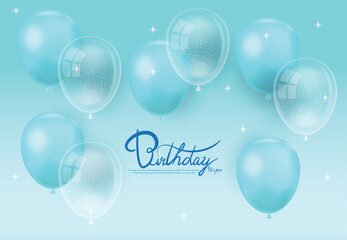 Happy birthday greeting card with light blue and transparent balloons