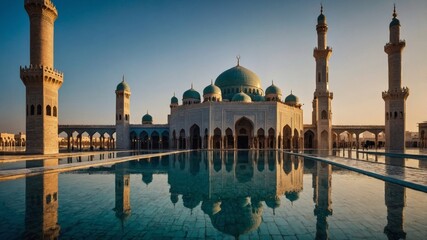 Naklejka premium Magnificent Mosque at Sunset: Architectural Marvel with Reflecting Pool View