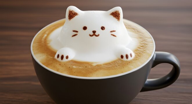 Lindo gato con arte latte en 3D en taza de caf&eacute;