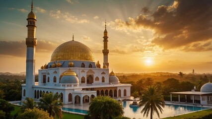 Fototapeta premium Stunning Mosque with Golden Dome and Minarets Under a Glowing Sunset Sky