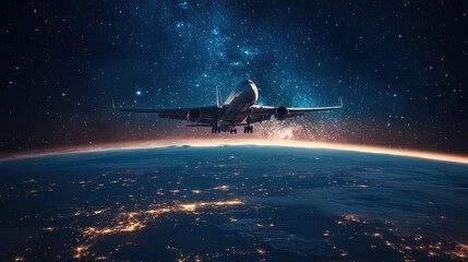 Fototapeta premium airplane descending through the atmosphere with glowing city lights below and a sparkling universe visible above for global air travel concept