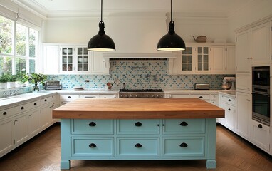 Fototapeta premium Modern Bright Kitchen with Blue Island and Stylish Pendant Lights