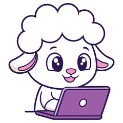 Cute Cartoon Sheep Using Laptop, Stylized Character on Isolated White