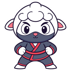Cartoon Sheep Ninja Character with Mask and Kimono in Defensive Fighting Stance