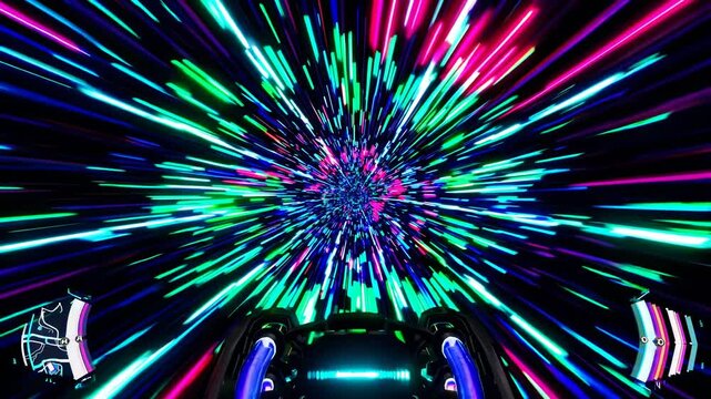 Futuristic video concept with a first-person view of a warp-speed tunnel, featuring vibrant neon streaks and a dynamic, immersive style. Live desktop wallpaper.