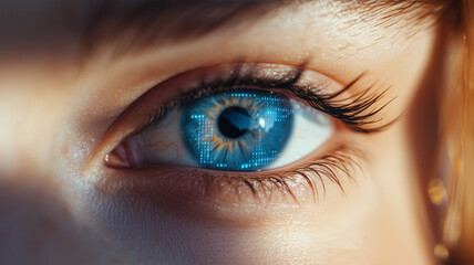 Close-up of a blue eye with futuristic digital data overlay, technology, innovation, and future vision.