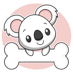 Cartoon Koala Holding Bone, White Fur, Pink Circle Background, Cute, Minimalist Style