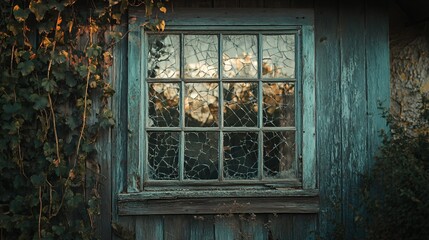 An old window with cracked glass and overgrowing foliage