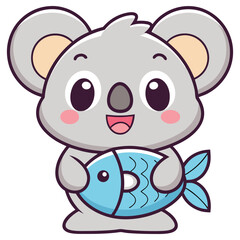 Cheerful Koala Character Holding Blue Fish, Cartoon Illustration, Animal Design, Flat Icon