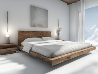 Minimalist bedroom with wooden platform bed, white linens, and mountain view.