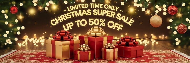 Festive Christmas Super Sale background with red and gold holiday theme featuring glowing fairy lights, elegant gift boxes golden ribbons, and bold 50 percent off discount sign for holiday promotions