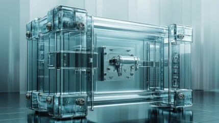 Floating transparent glass safe showcasing intricate internal locking mechanisms in a minimalist setting with ample copy space for creative use