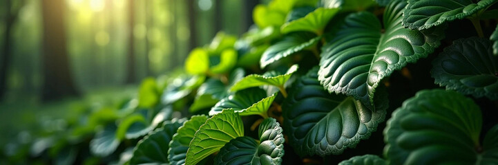 Green juicy foliage in soft sunlight, copy space. Natural summer background.