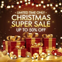 Festive Christmas Super Sale background with red and gold holiday theme featuring glowing fairy lights, elegant gift boxes golden ribbons, and bold 50 percent off discount sign for holiday promotions