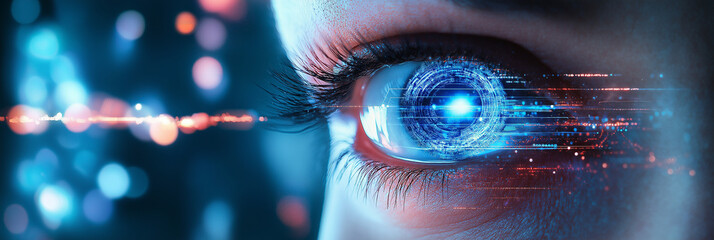 Close-up of a human eye with digital interface and futuristic technology, banner