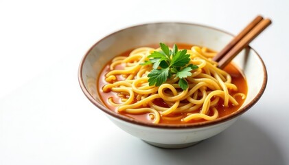 Steaming bowl of ramen noodles, chopsticks, white background, foodphotography, hot, meal
