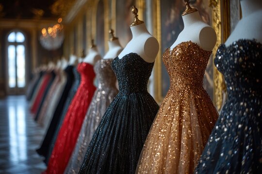 elegant evening dresses displayed in a luxurious hall waiting for their debutante to take them home