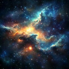 A vibrant nebula with swirling clouds of blue orange and white light amidst countless stars in space