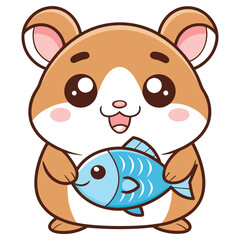 Smiling Cartoon Hamster Holding a Fish, Animal Character, Mascot, Outline, Happy