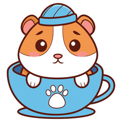 Cute Hamster Cartoon Character in Blue Cup with Paw Print Design