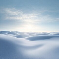 A serene landscape with snow covered hills under a soft blue sky with subtle cloud formations above them