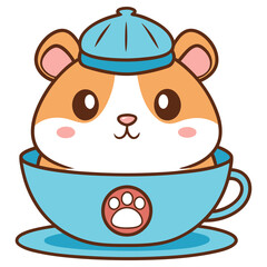 Kawaii Cartoon Hamster with a Blue Cap in a Blue Cup with Paw Print, isolated