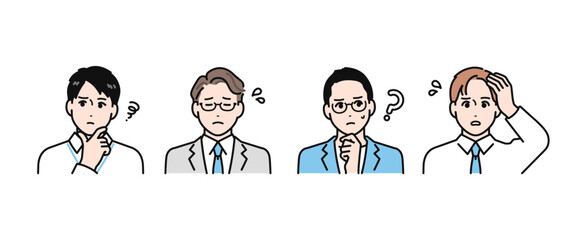 悩む表情の働く若い男性のシンプルなベクターイラストセット
