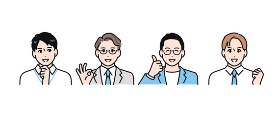 問題が解決して喜ぶ働く若い男性のシンプルなベクターイラストセット