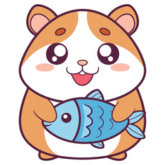 Cute Cartoon Hamster Holding Blue Fish, Smiling Animal with Outline on White Backdrop