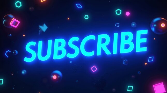 Bright Neon Subscribe Text with Abstract Geometric Shapes in Dark Background