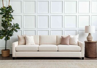Fototapeta premium Elegant Living Room Sofa with Neutral Colors and Modern Design