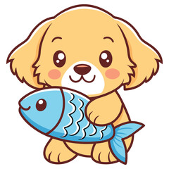 Cute Golden Retriever Cartoon Holding a Blue Fish with Outline