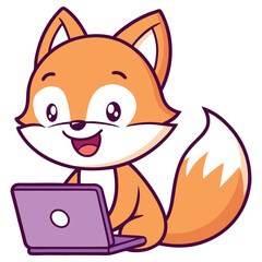 Cartoon Fox with Laptop, Sitting, Smiling, Orange Fur, Isolated on White, Cute Style