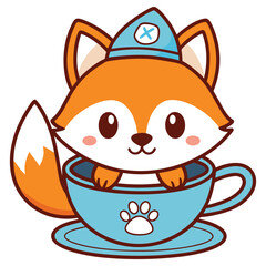 Cartoon Orange Fox in Blue Cup Wearing Nurse Cap, Paw Print, Animal, Isolated