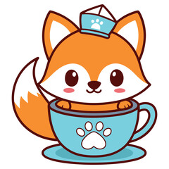 Cute Fox Cartoon Inside Blue Cup with Paw Print and Hat