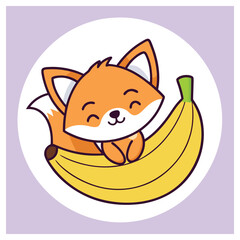 Cartoon Fox Hugging a Banana Cute Animal Character, Illustration, Art