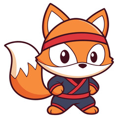 Cartoon Fox Mascot in Ninja Costume, Red Headband, Art, Isolated on White