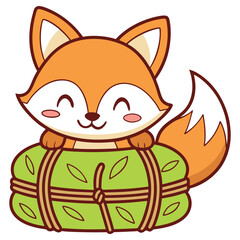 Cartoon Fox Embracing Zongzi, Traditional Food, Bright Illustration, Cheerful Design