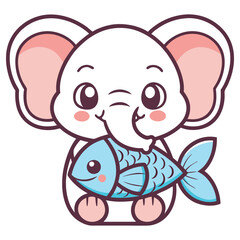 Cute Kawaii White Elephant Winking Holding Blue Fish, Cartoon
