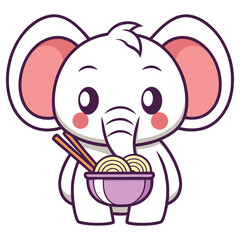 Cartoon White Elephant Holding Bowl of Noodles and Chopsticks, Cute Style, Isolated