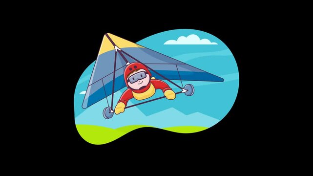 hang gliding sports men cartoon animation. 4K Video Hang gliding sports in alpha channel