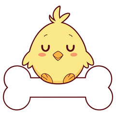 Cartoon Yellow Chick with Closed Eyes Resting on a Bone, Outlined