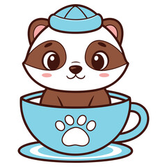 Cute Cartoon Bear Cub in Blue Teacup with Paw Prints Design, White Background