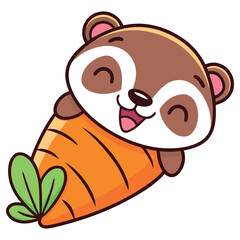 Cartoon Badger Hugging Big Carrot, Cute, Smiling Face, on White Background